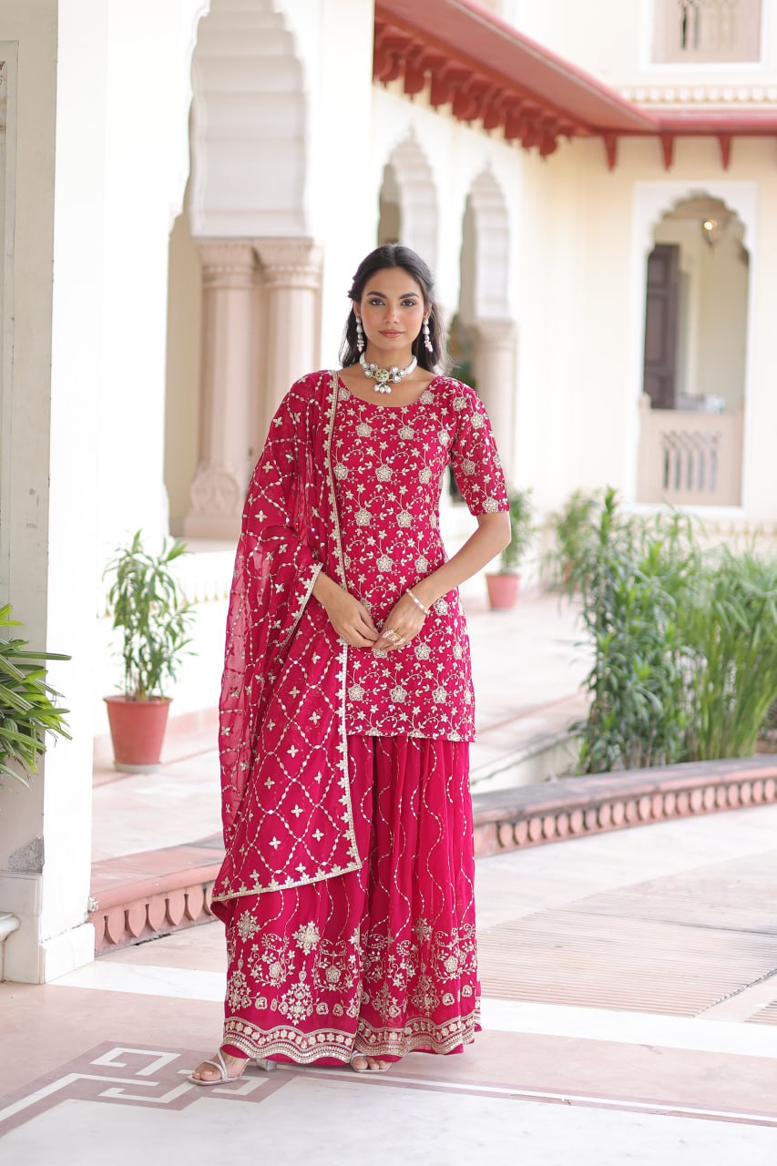Faux Georgette Kurti Sharara Set with Rich Sequin Embroidery & Matching Dupatta
