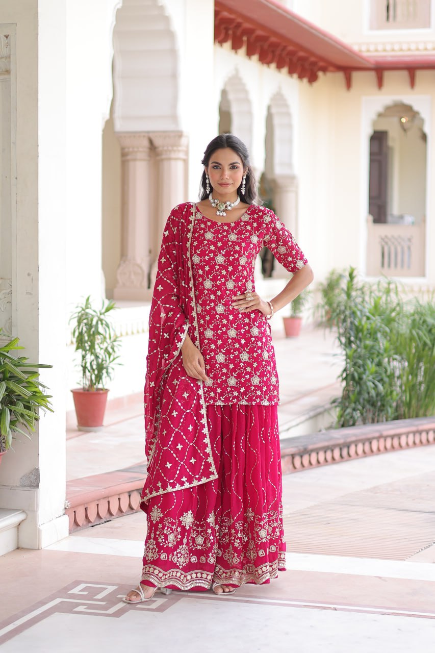 Faux Georgette Kurti Sharara Set with Rich Sequin Embroidery & Matching Dupatta