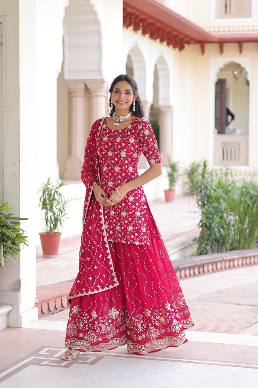 Faux Georgette Kurti Sharara Set with Rich Sequin Embroidery & Matching Dupatta