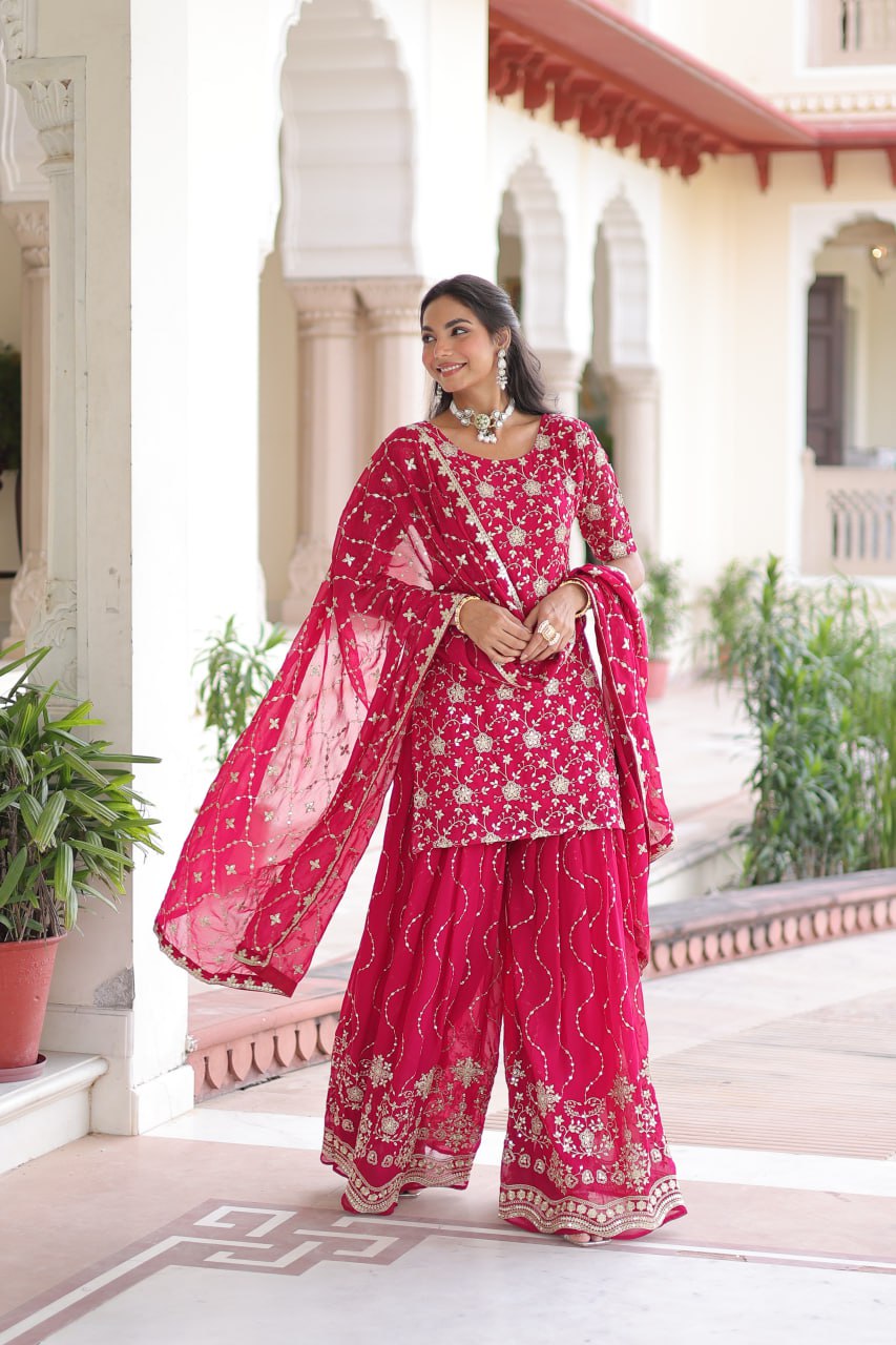 Faux Georgette Kurti Sharara Set with Rich Sequin Embroidery & Matching Dupatta