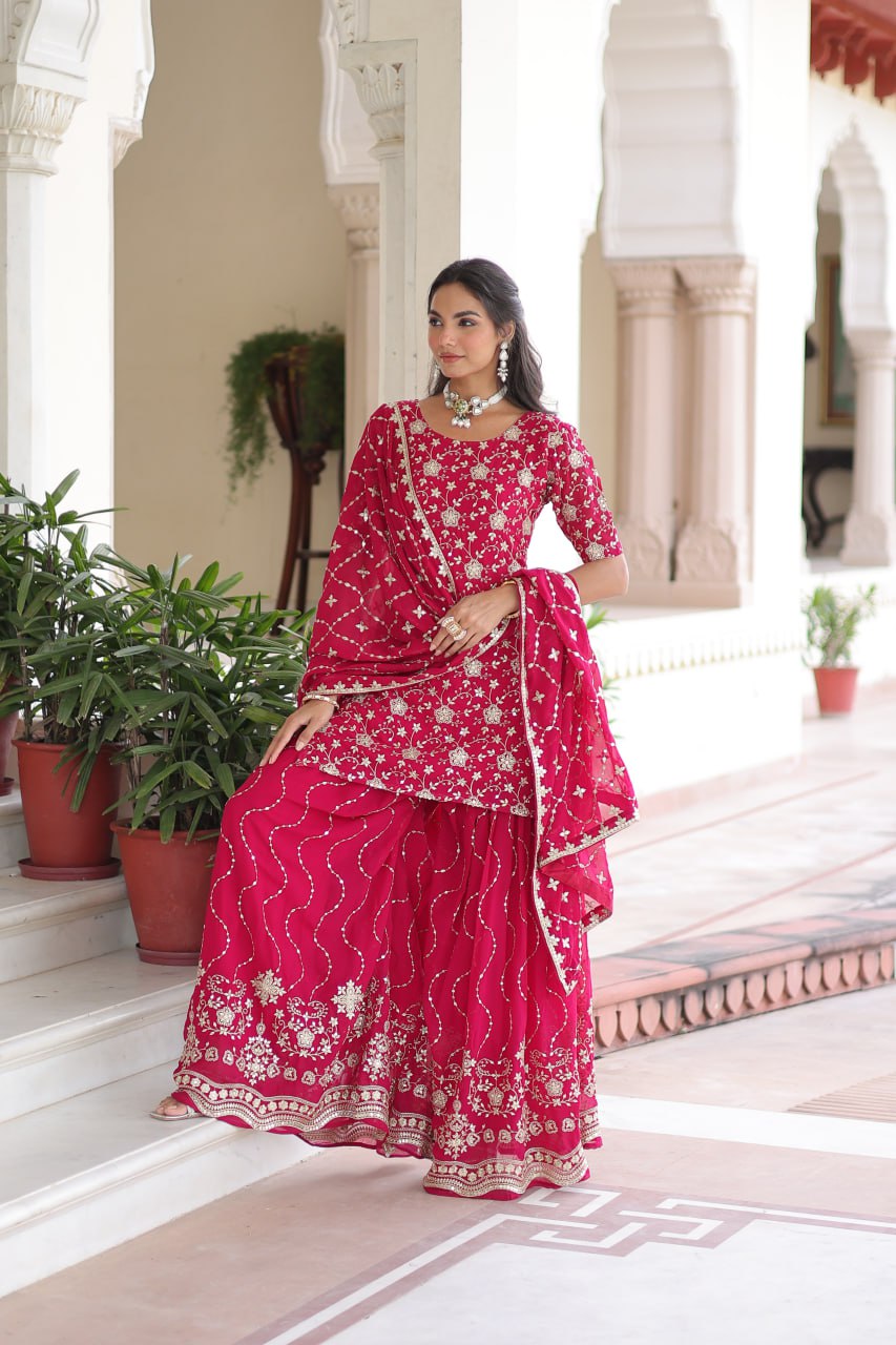 Faux Georgette Kurti Sharara Set with Rich Sequin Embroidery & Matching Dupatta