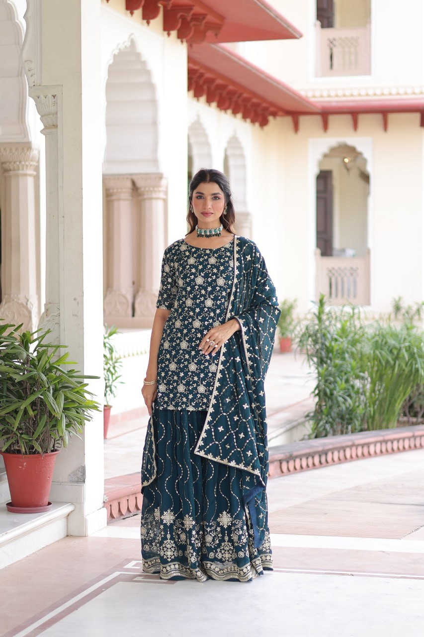 Faux Georgette Kurti Sharara Set with Rich Sequin Embroidery & Matching Dupatta