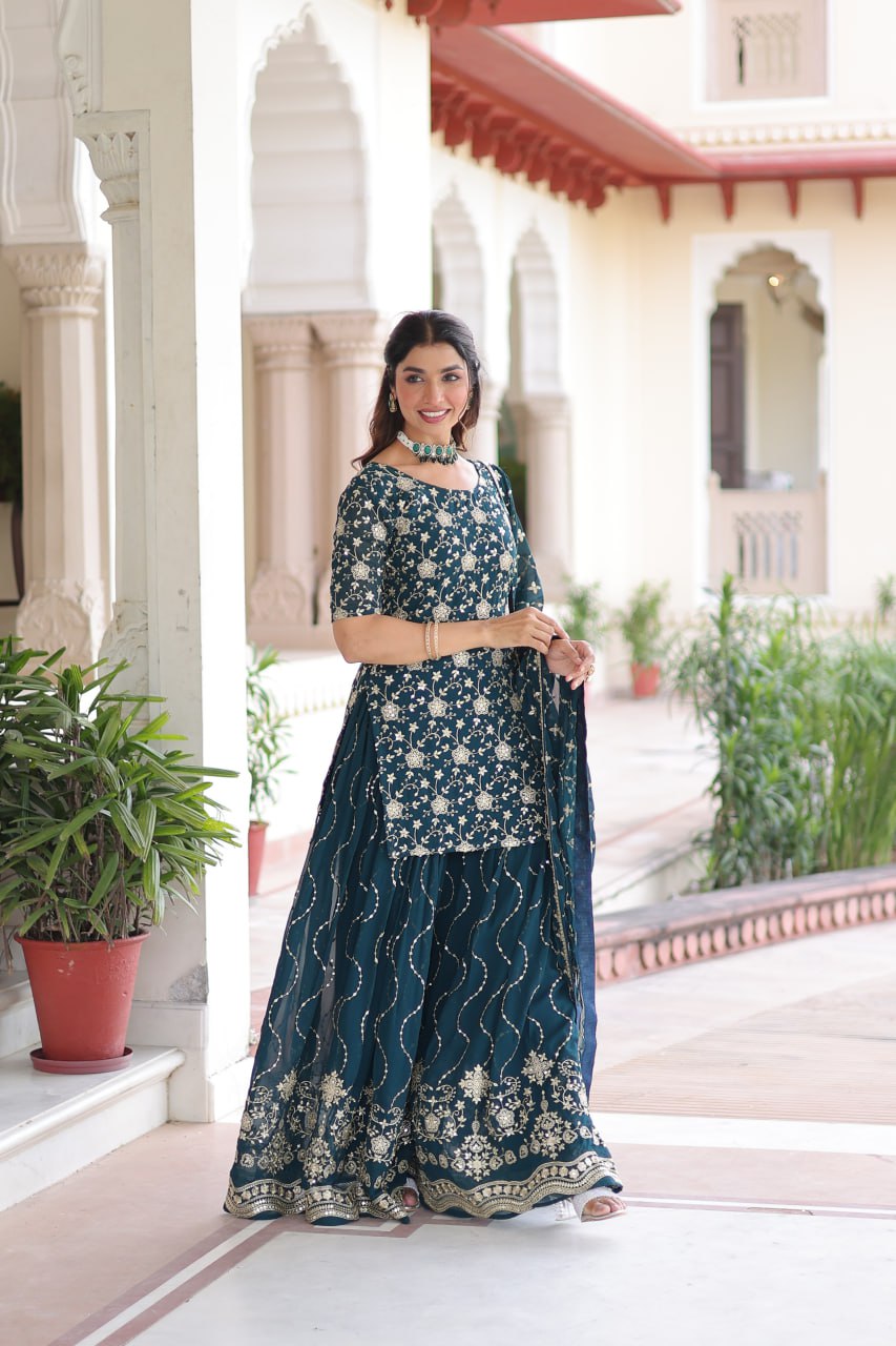 Faux Georgette Kurti Sharara Set with Rich Sequin Embroidery & Matching Dupatta