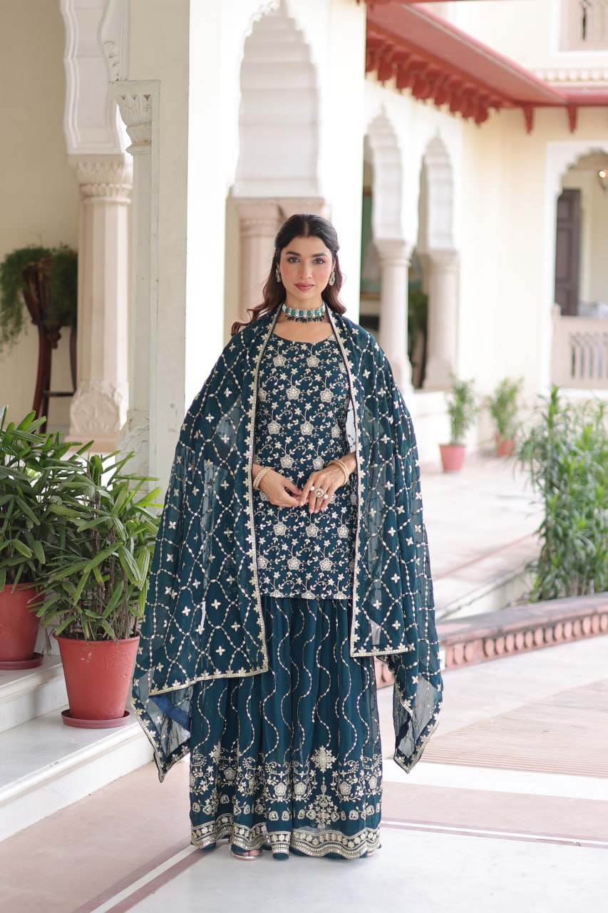 Faux Georgette Kurti Sharara Set with Rich Sequin Embroidery & Matching Dupatta