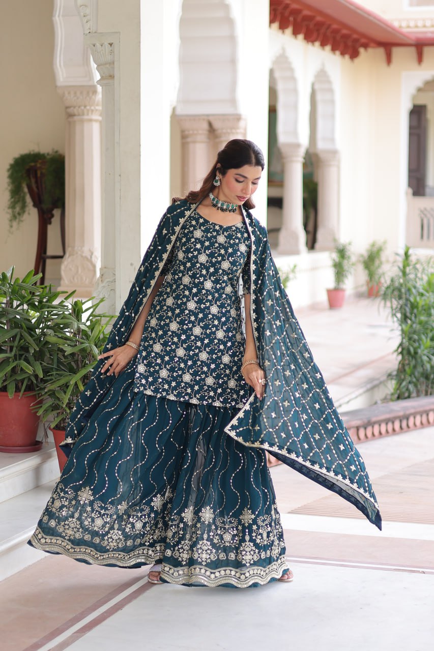 Faux Georgette Kurti Sharara Set with Rich Sequin Embroidery & Matching Dupatta