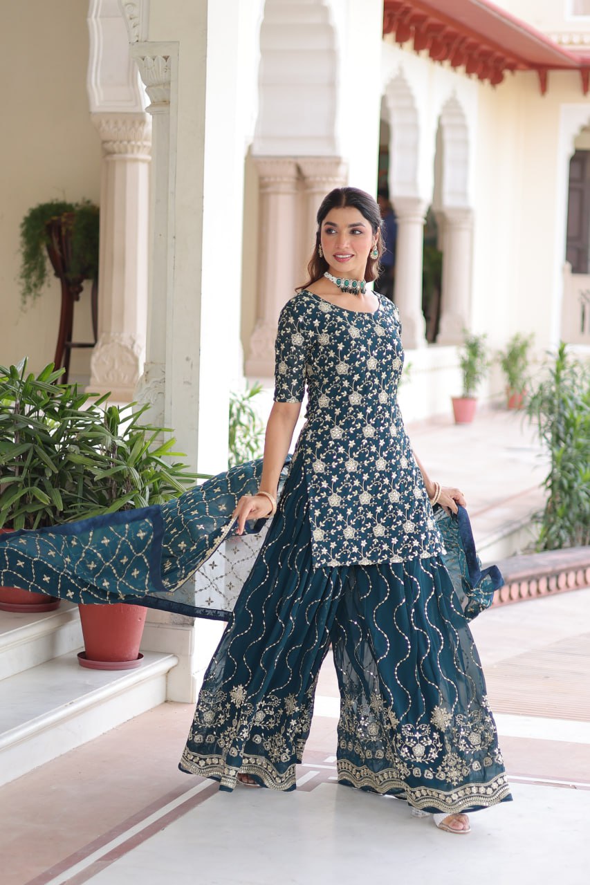 Faux Georgette Kurti Sharara Set with Rich Sequin Embroidery & Matching Dupatta