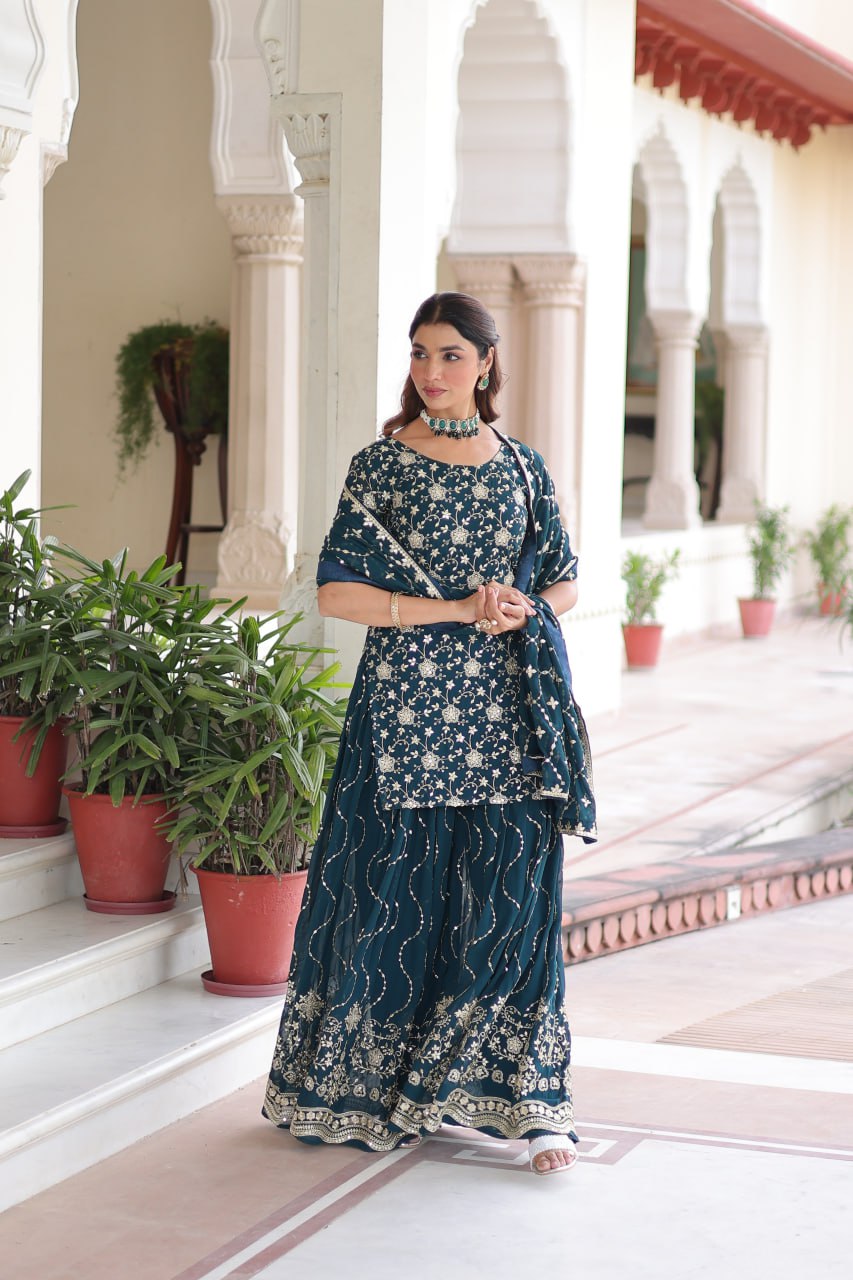 Faux Georgette Kurti Sharara Set with Rich Sequin Embroidery & Matching Dupatta