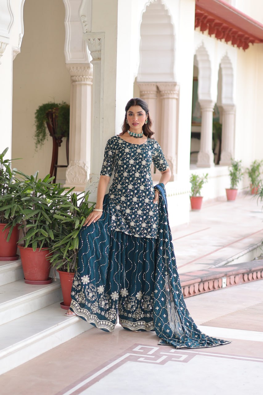 Faux Georgette Kurti Sharara Set with Rich Sequin Embroidery & Matching Dupatta