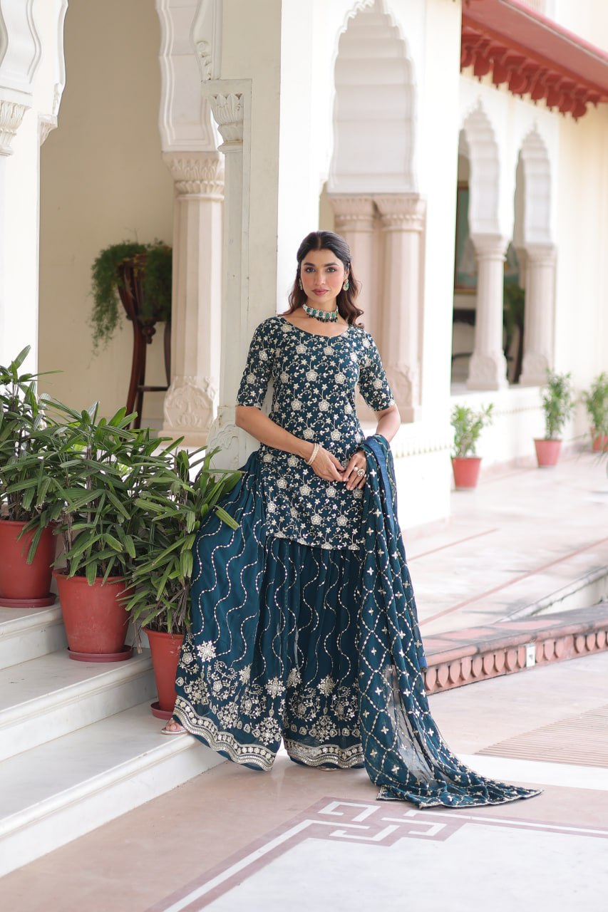 Faux Georgette Kurti Sharara Set with Rich Sequin Embroidery & Matching Dupatta