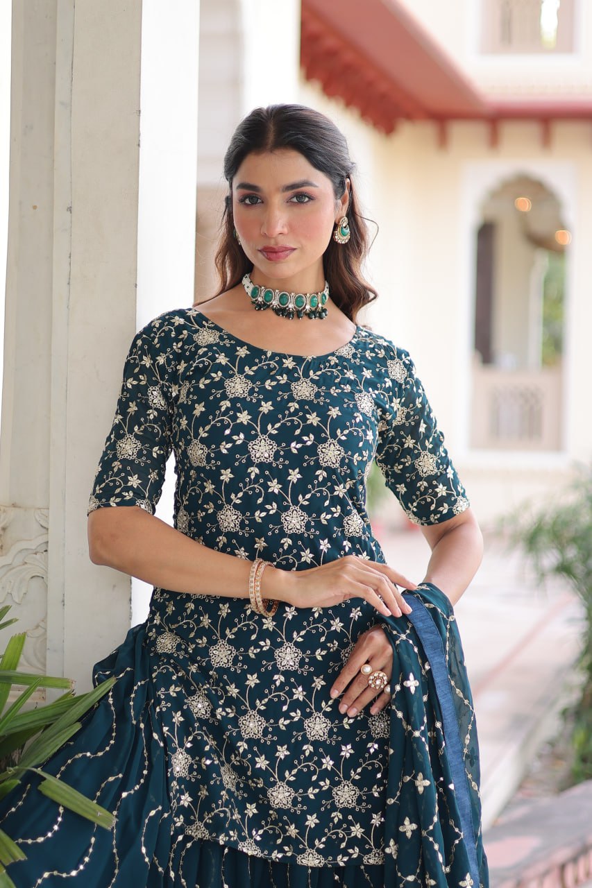Faux Georgette Kurti Sharara Set with Rich Sequin Embroidery & Matching Dupatta