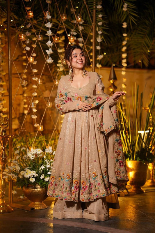 Designer Floral Embroidered Anarkali Gown Sharara Set in Soft Crunchy Silk | Party Wear Palazzo Set For Women