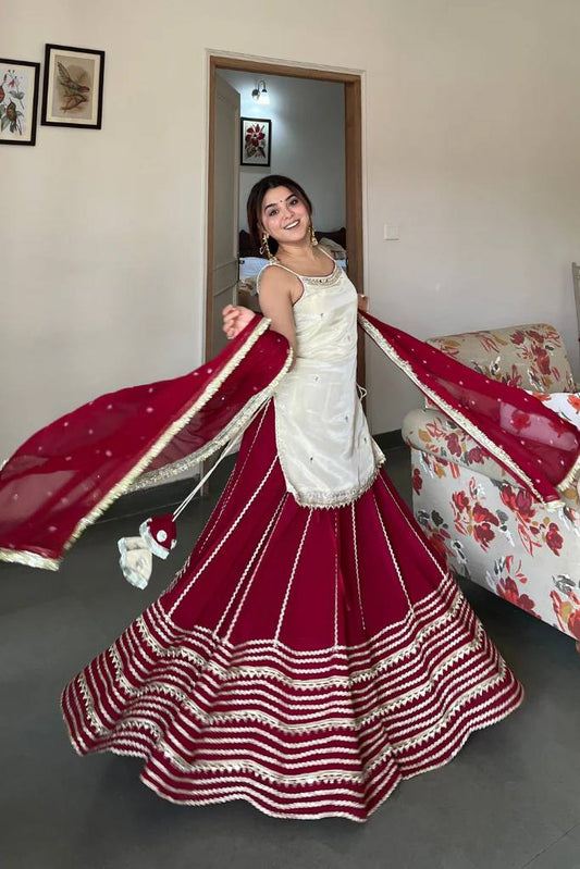 Party Wear Wine Red Mirror Work Lehenga Kurta Set With Dupatta for Women