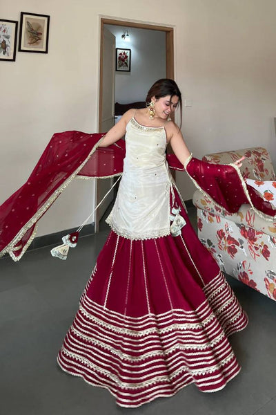 Party Wear Wine Red Mirror Work Lehenga Kurta Set With Dupatta for Women