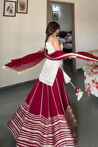 Party Wear Wine Red Mirror Work Lehenga Kurta Set With Dupatta for Women