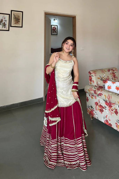Party Wear Wine Red Mirror Work Lehenga Kurta Set With Dupatta for Women
