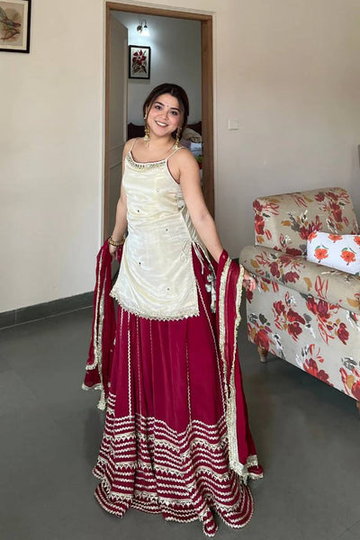 Party Wear Wine Red Mirror Work Lehenga Kurta Set With Dupatta for Women