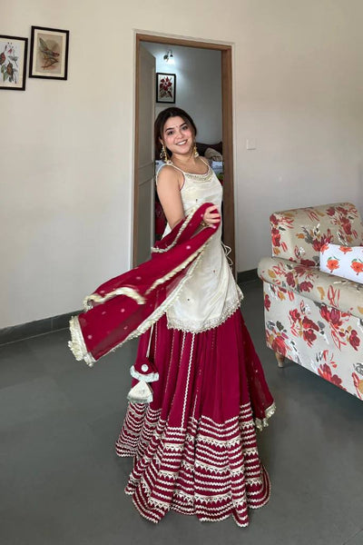 Party Wear Wine Red Mirror Work Lehenga Kurta Set With Dupatta for Women