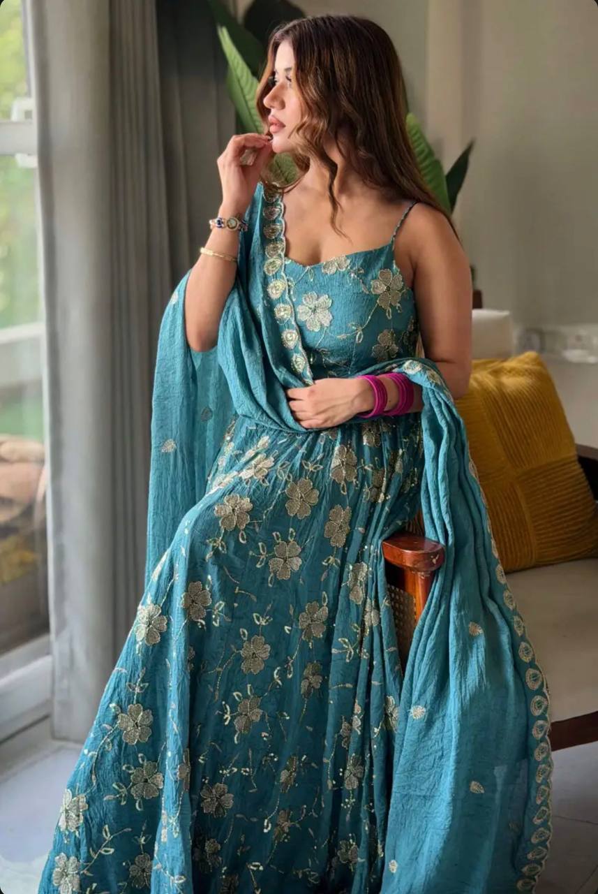 Sky Blue Floral Embroidered Anarkali Suit Set With Dupatta for Women | Heavy Flair Party Wear Dress