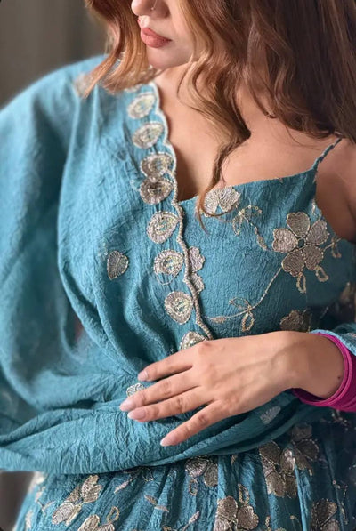 Sky Blue Floral Embroidered Anarkali Suit Set With Dupatta for Women | Heavy Flair Party Wear Dress