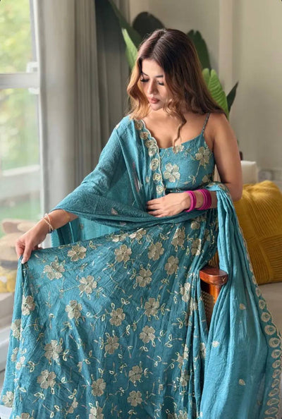 Sky Blue Floral Embroidered Anarkali Suit Set With Dupatta for Women | Heavy Flair Party Wear Dress
