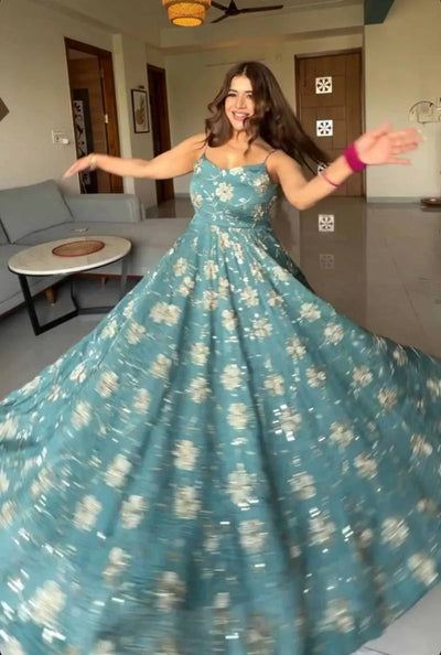 Sky Blue Floral Embroidered Anarkali Suit Set With Dupatta for Women | Heavy Flair Party Wear Dress