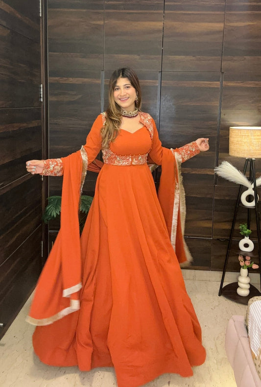 Wedding Wear Rust Orange Anarkali Set