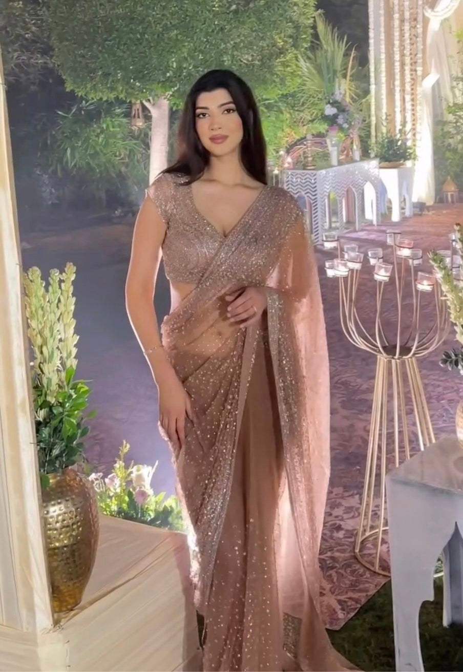Wedding Wear Golden Net Saree with Sequins & Dori Work | Party Wear Saree For Women