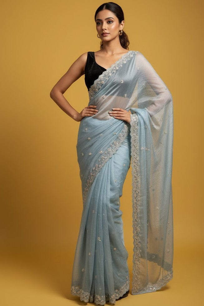 Sky Blue Jimi chu Party Wear Premium Hand Work Saree For Women