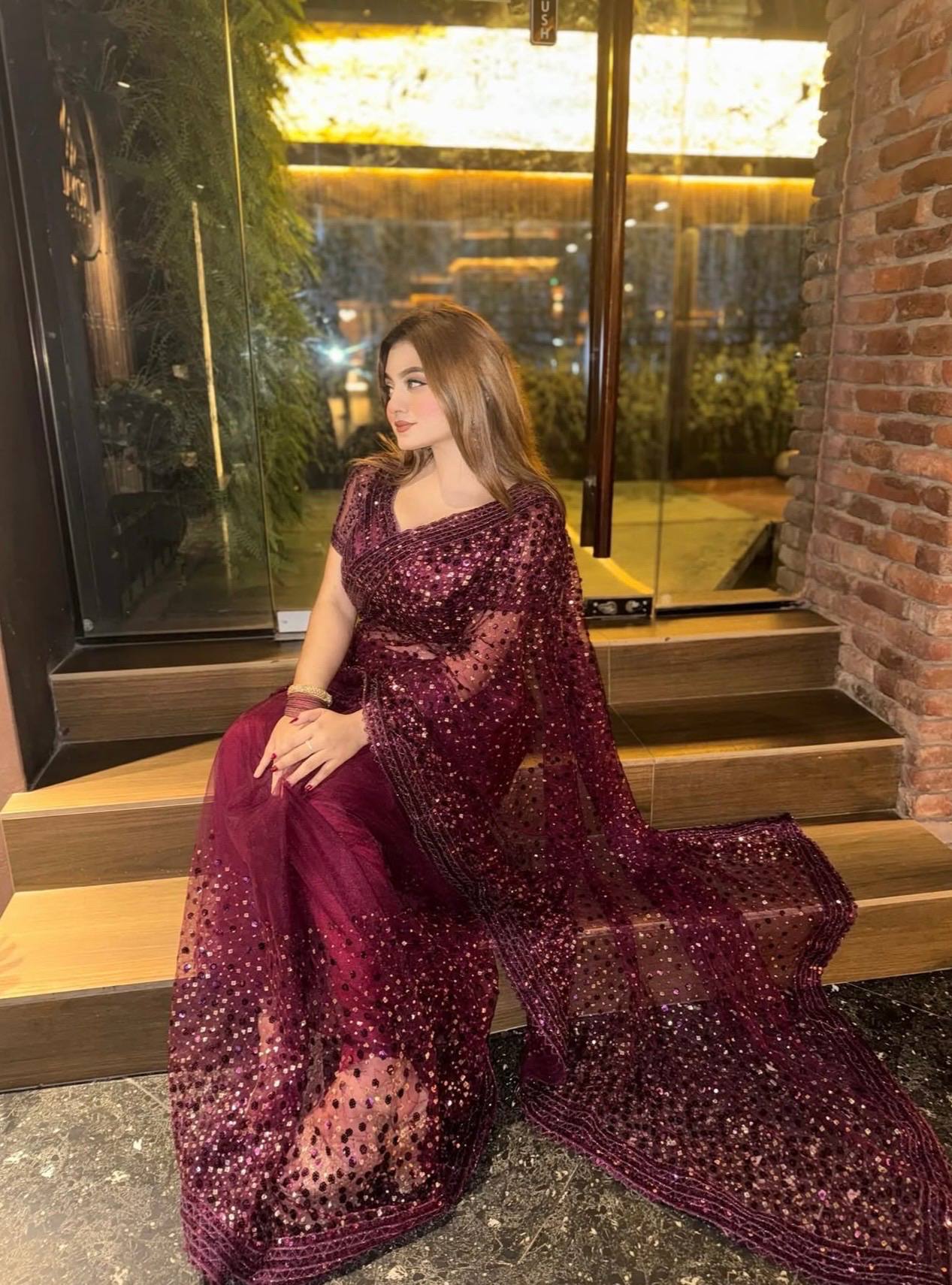 Premium Wine Soft Net Party Wear Saree For Women | Wedding Wear Saree For Women